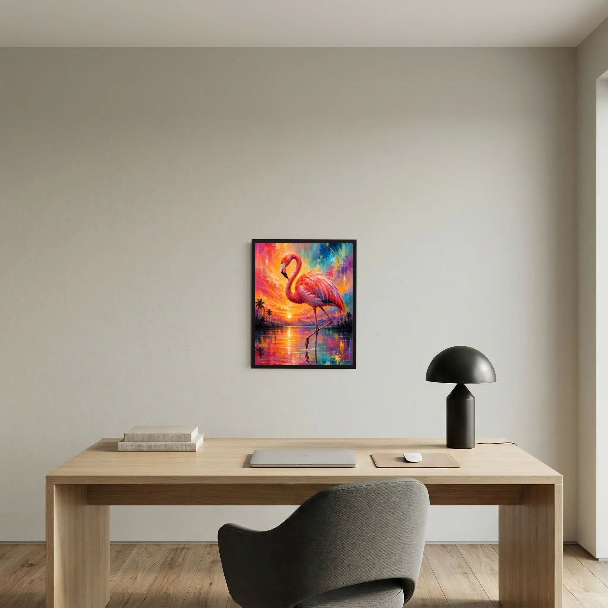 Kunstposter mit Flamingo in Pink und Türkis, Sonnenuntergang mit farbigen Wasserstreifen
