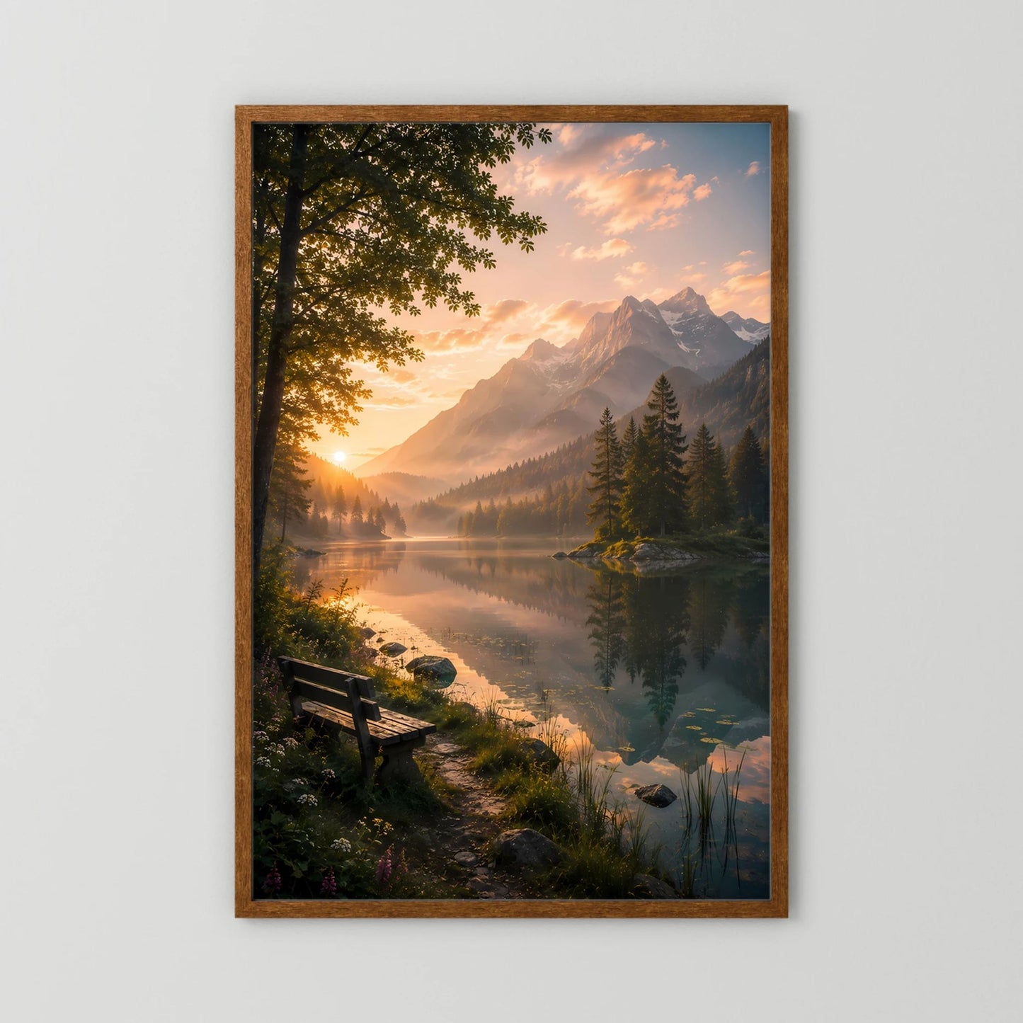 Bergsee im Sonnenuntergang | Ruhige Alpenlandschaft mit Sitzbank | Poster Hochformat