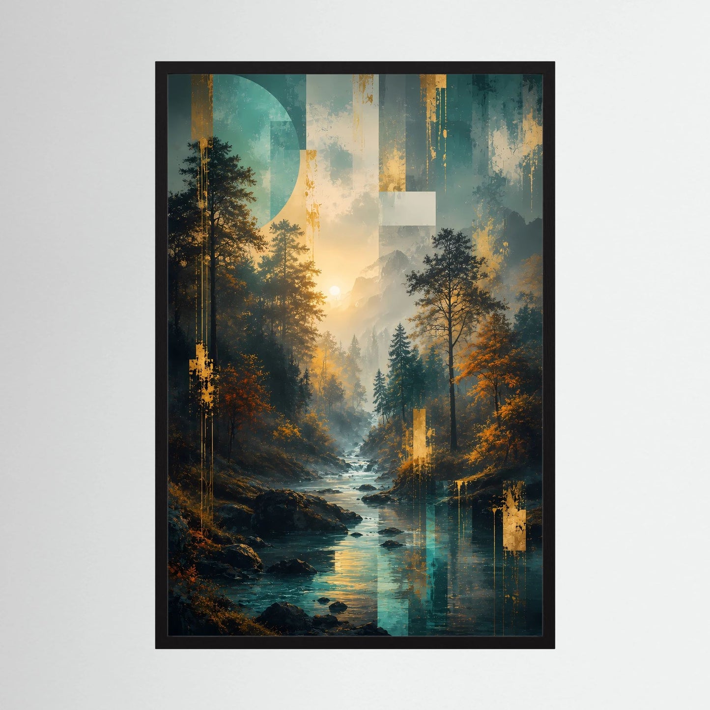 Poster Hochformat mit Wald- und Flussmotiv, abstraktes Morgenlicht, schwarzer Rahmen