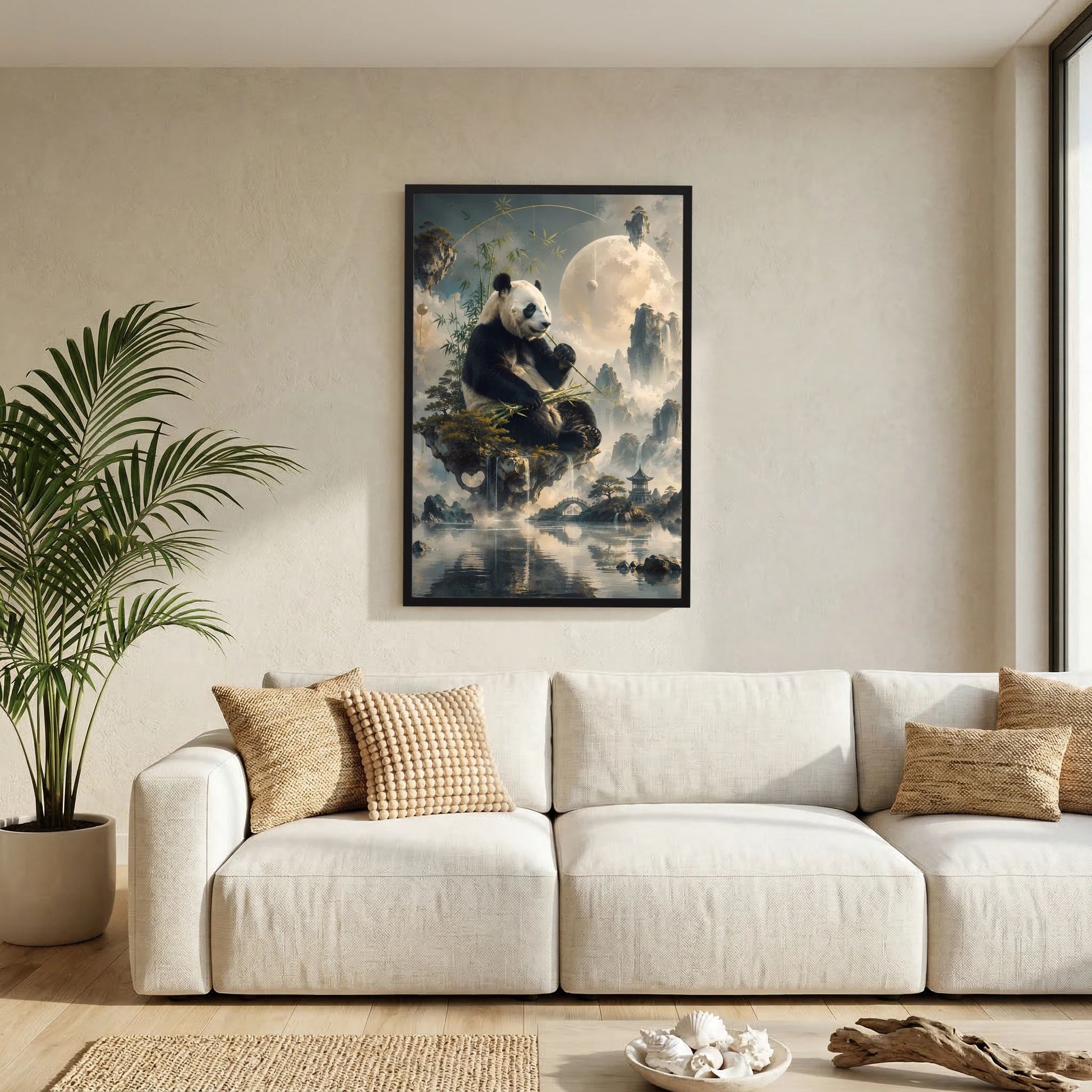 Kunstposter im Hochformat mit Panda auf Felsinsel, im schwarzen Rahmen an der Wand