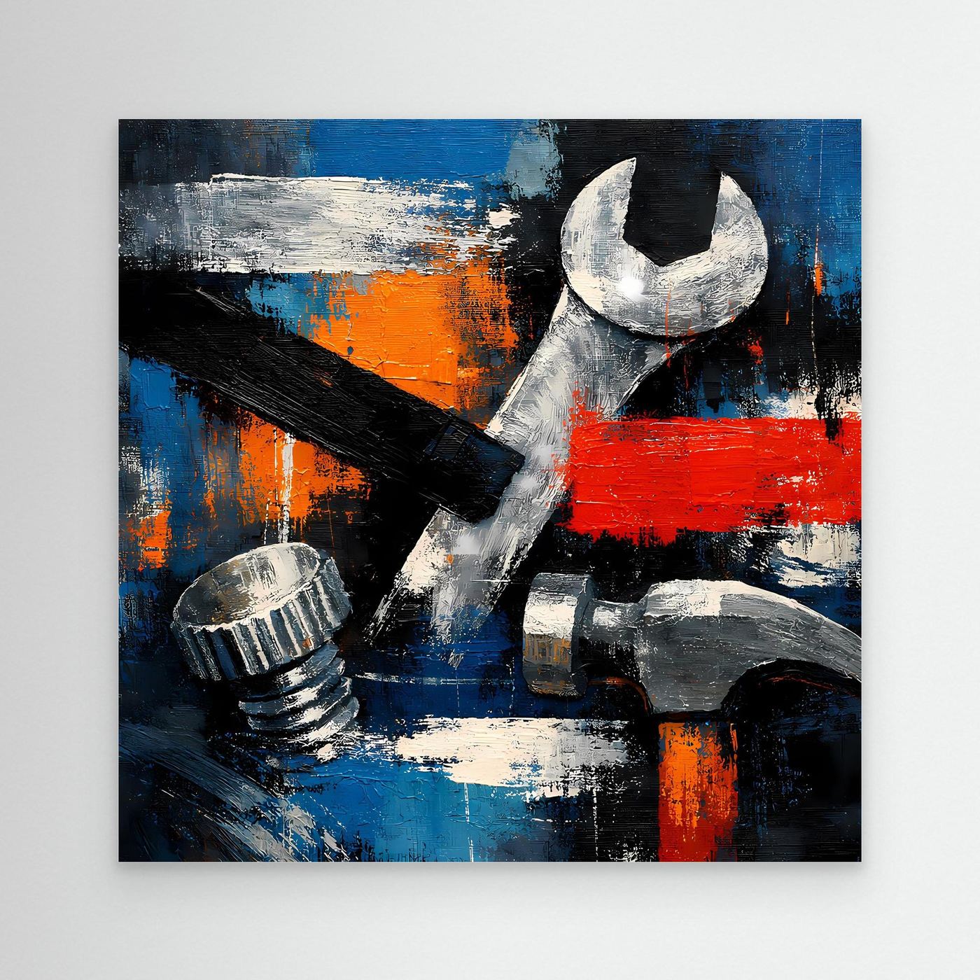 Abstract tools canvas wall art with wrench, red and blue paint strokes