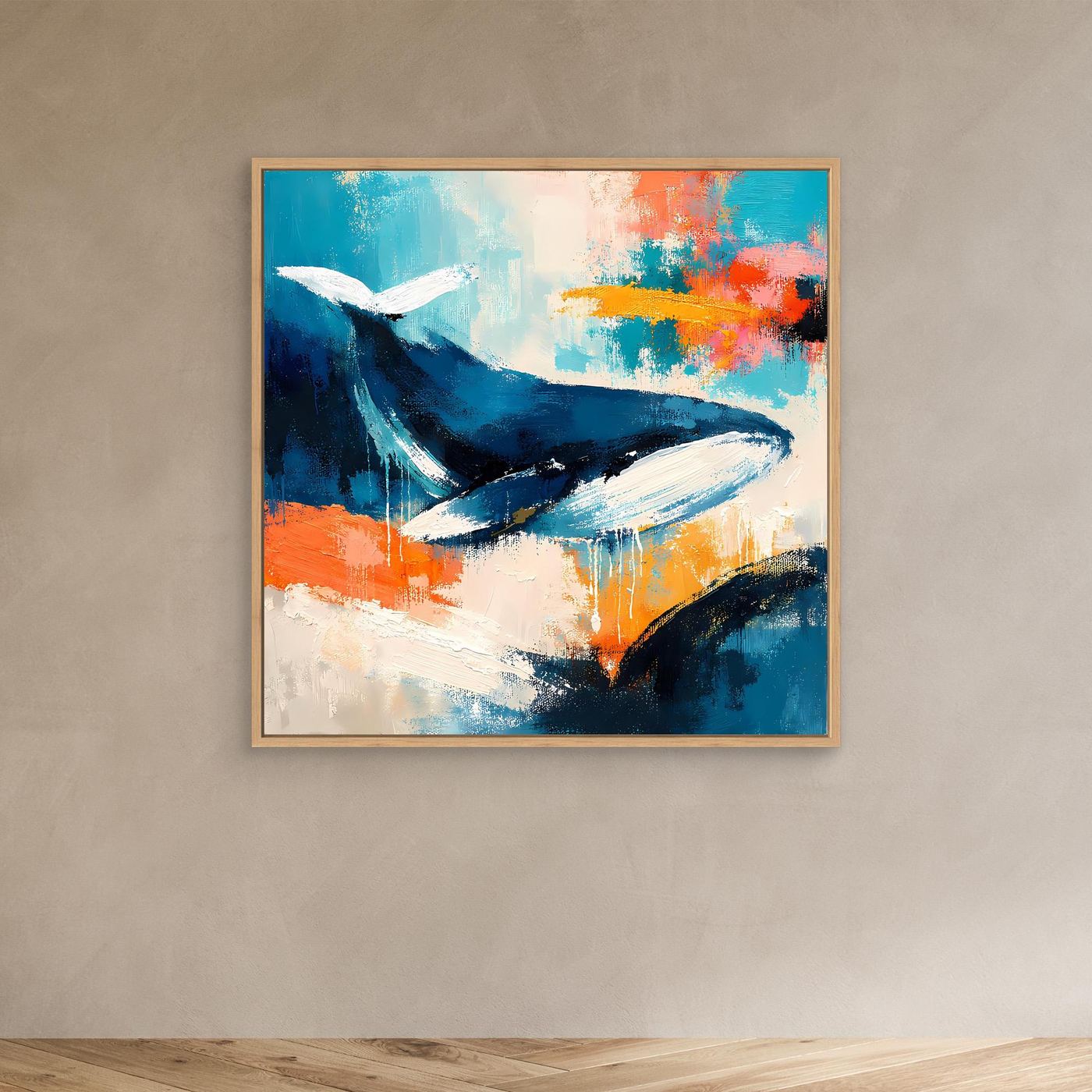 Leinwand-Wandbild mit abstraktem Wal in Blau und Türkis, Orange und Weiß, mit Holzrahmen