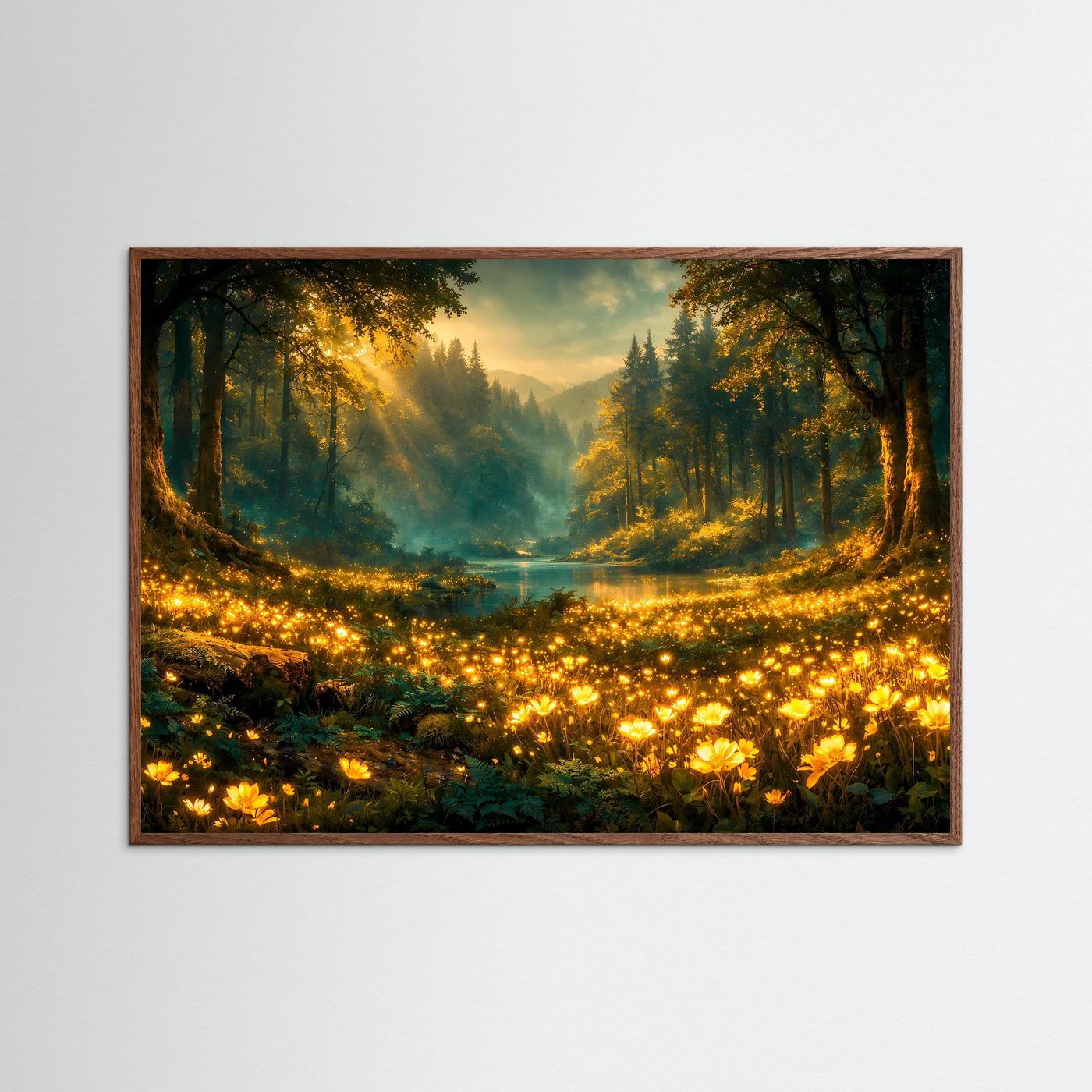 Wald-Wandbild-Poster mit Blumen im Morgenlicht, brauner Holzrahmen