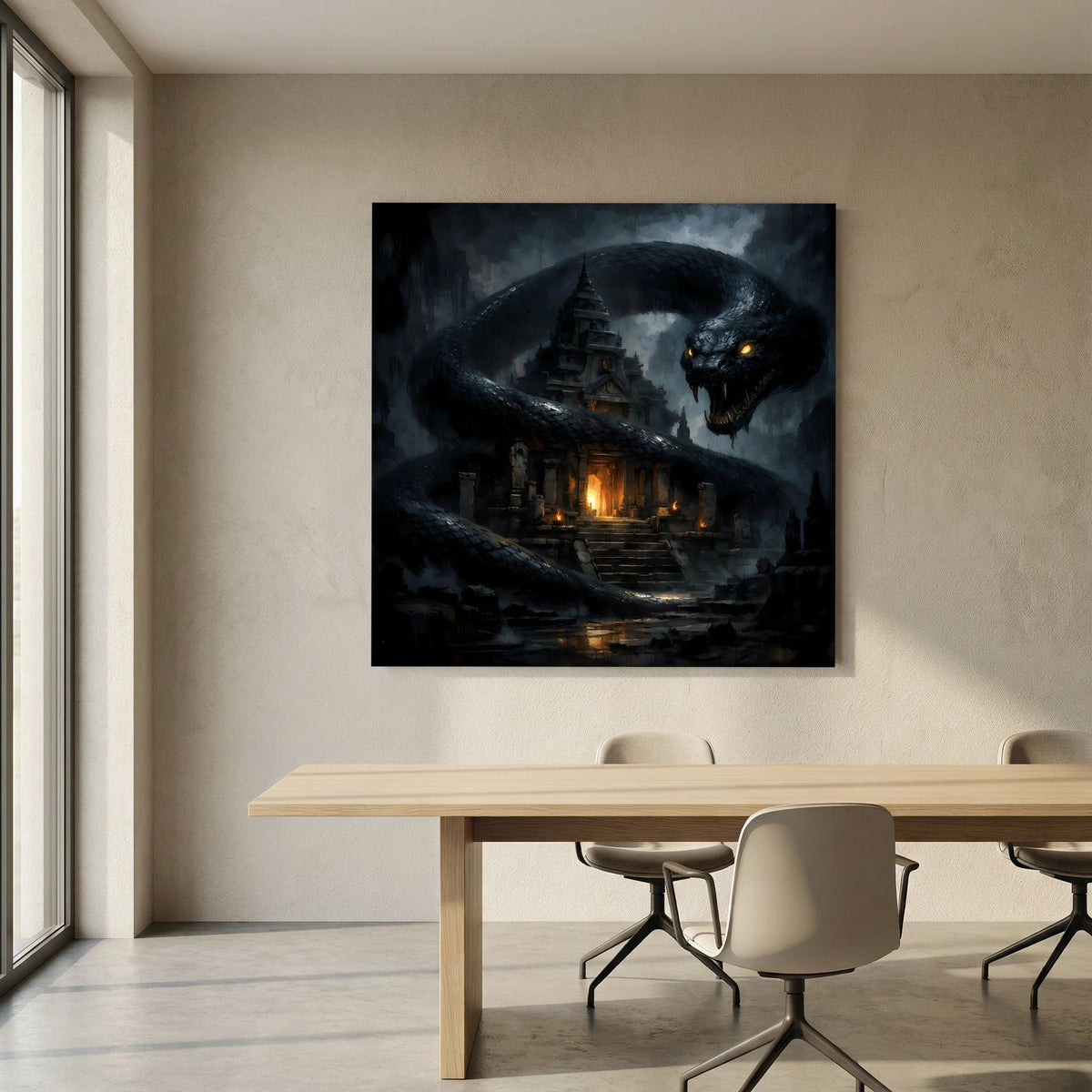Leinwand-Wandbild: Riesenschlange vor Tempel, Nebel und leuchtende Augen