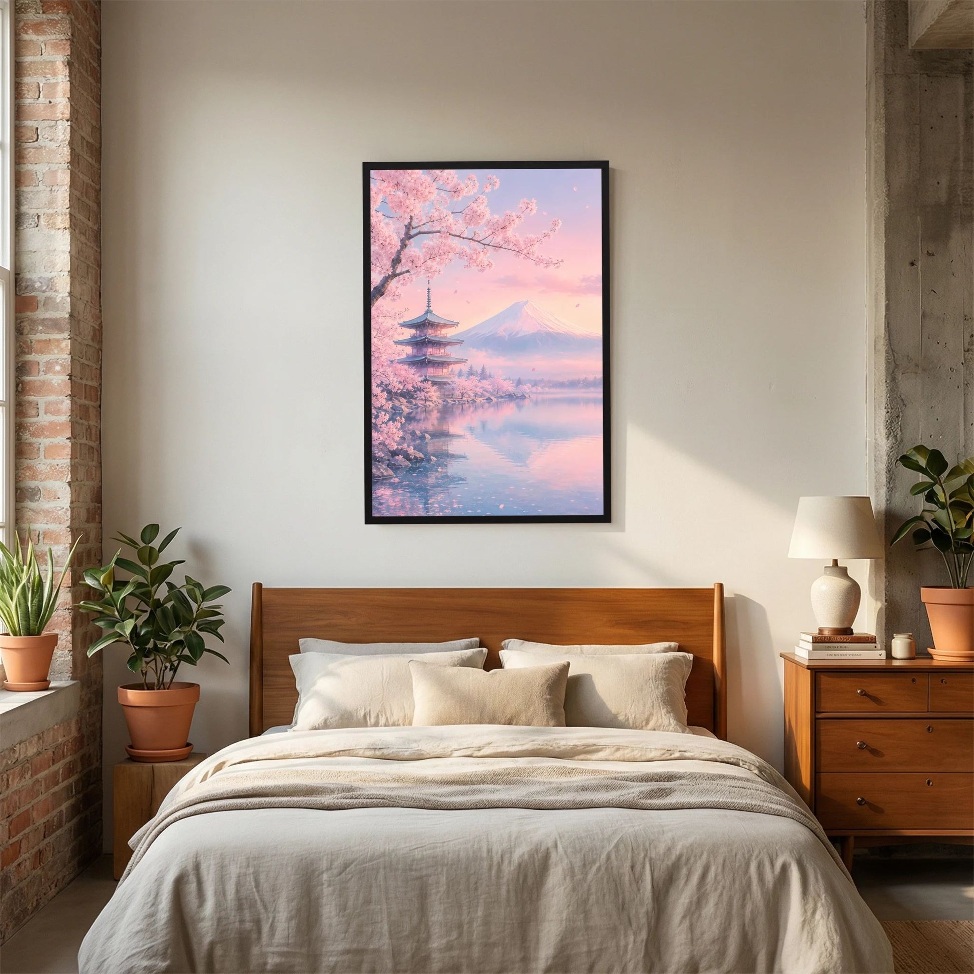 Schwarz gerahmtes Hochformat-Poster mit Kirschblüten, Pagode und Berg im Pastelllicht