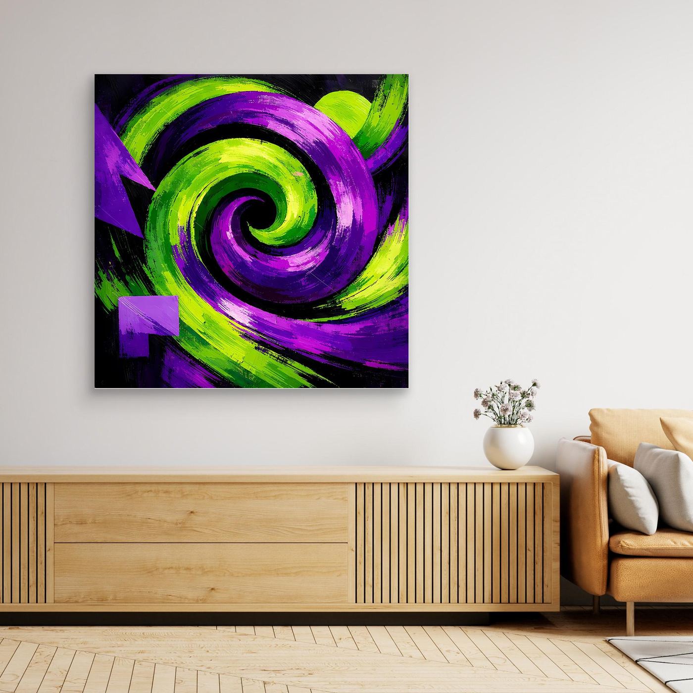 Großes abstraktes Leinwandbild mit grüner und violetter Spiralform auf dunklem Hintergrund