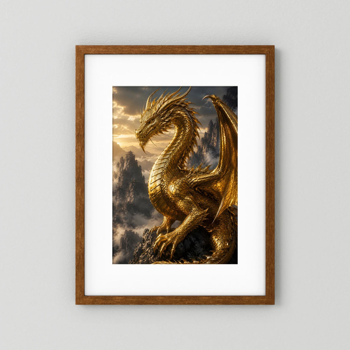 Kunstposter Hochformat: goldener Fantasy-Drache, brauner Holzrahmen