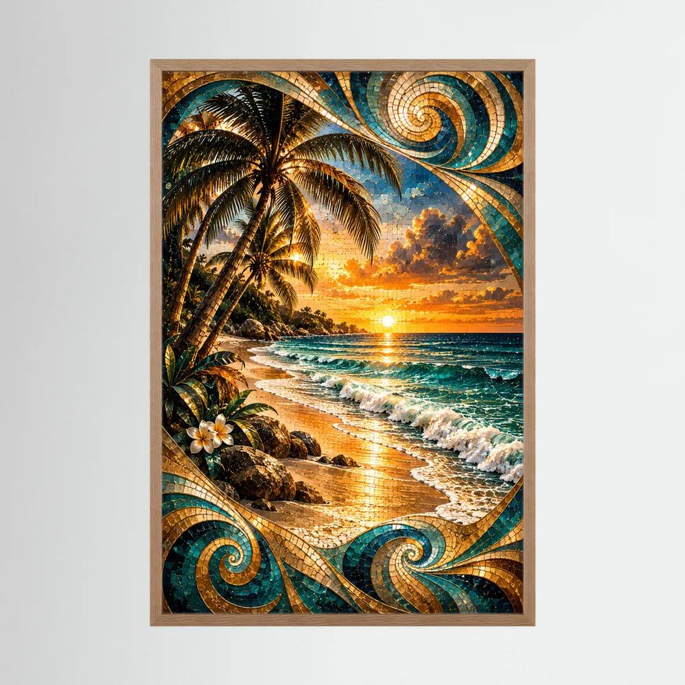 Tropischer Strand bei Sonnenuntergang | Mosaik Kunst in Türkis & Gold | Poster Hochformat