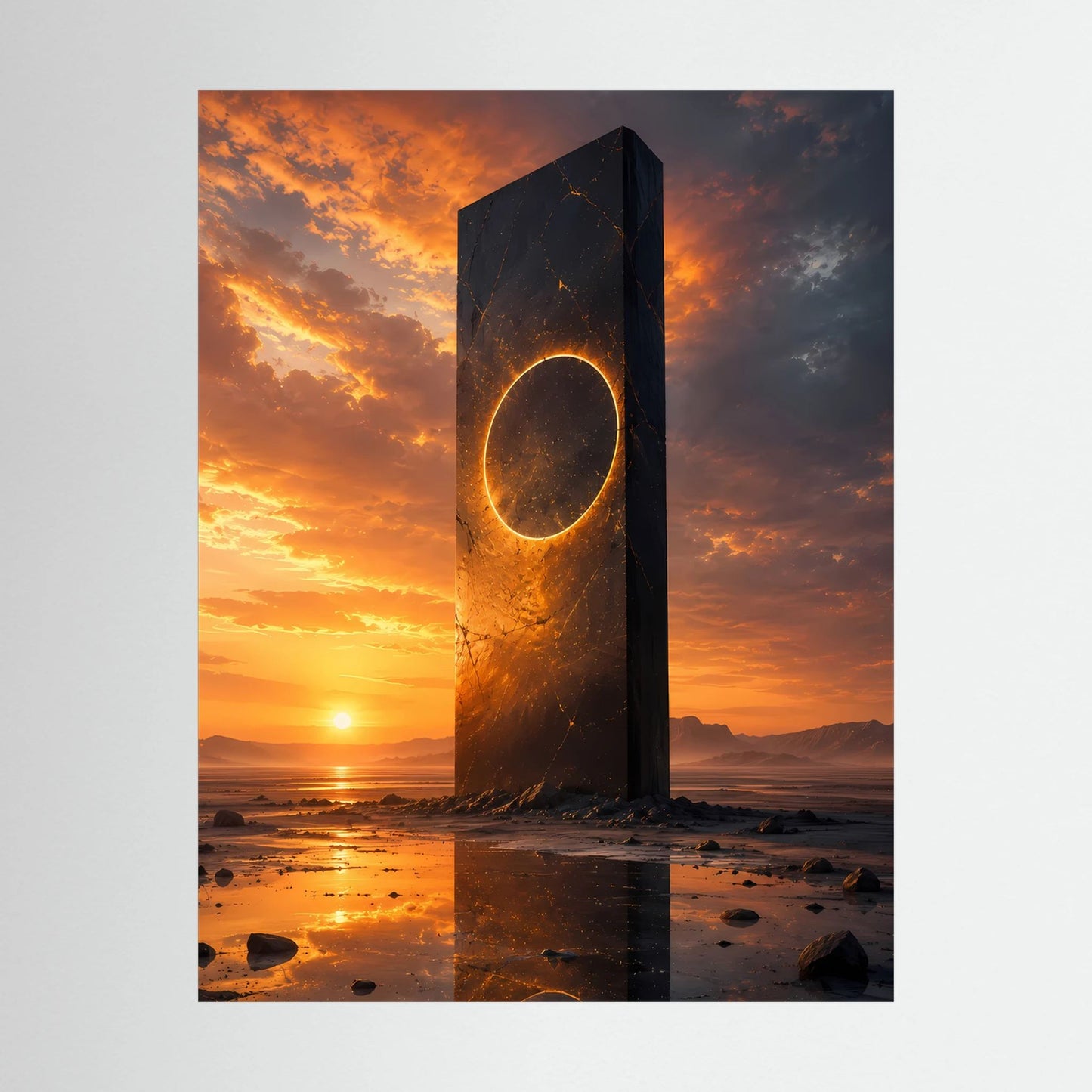 Nahansicht Hochformat-Poster: schwarzer Monolith mit goldener Ringöffnung und Sonnenuntergang