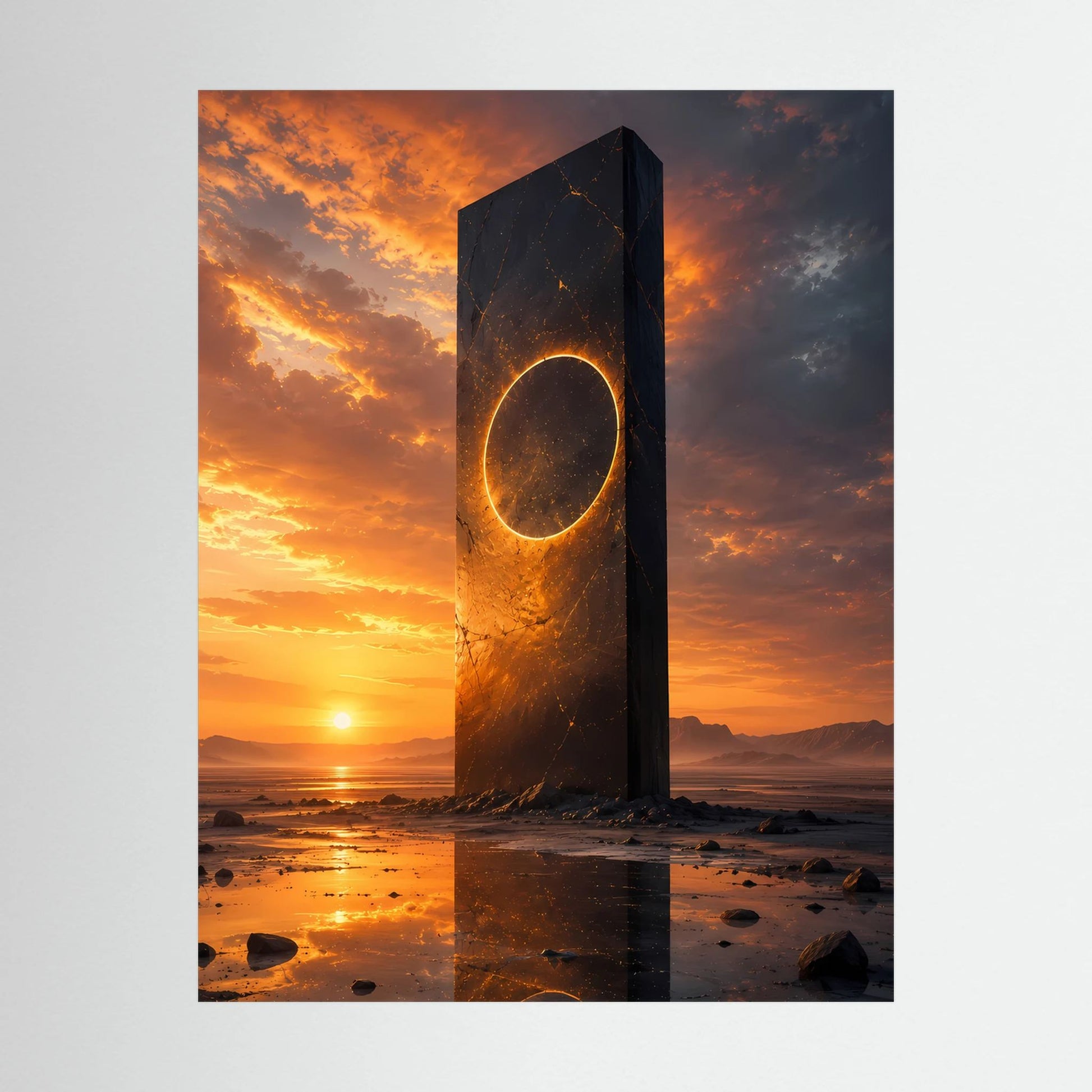 Nahansicht Hochformat-Poster: schwarzer Monolith mit goldener Ringöffnung und Sonnenuntergang