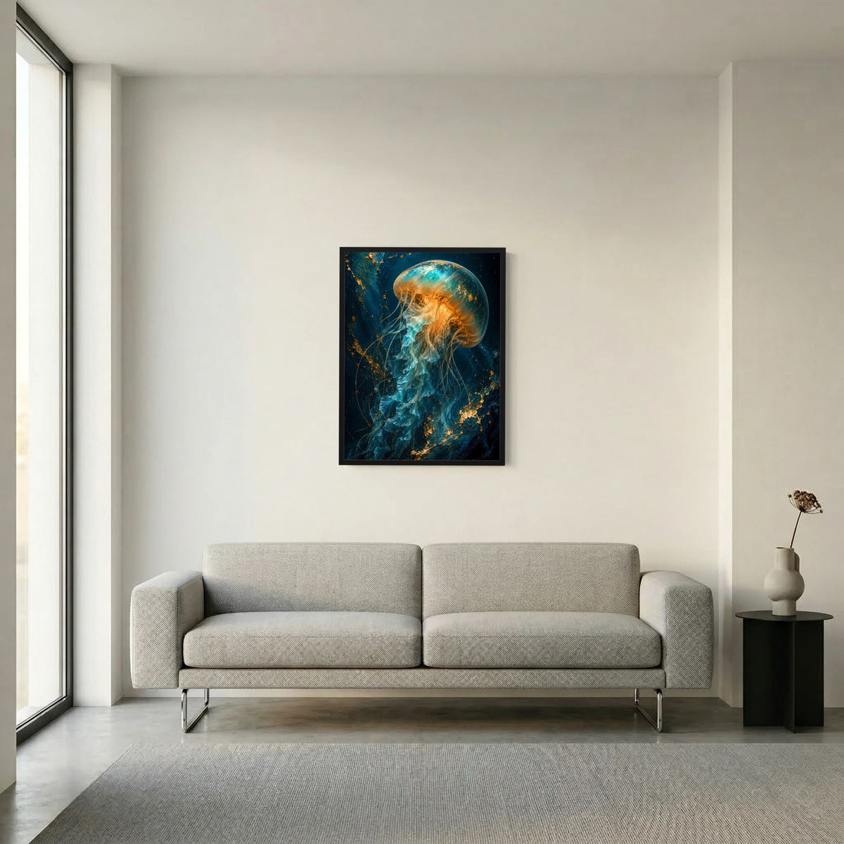 Gerahmtes Poster mit leuchtender Qualle in Türkis und Gold (Hochformat)