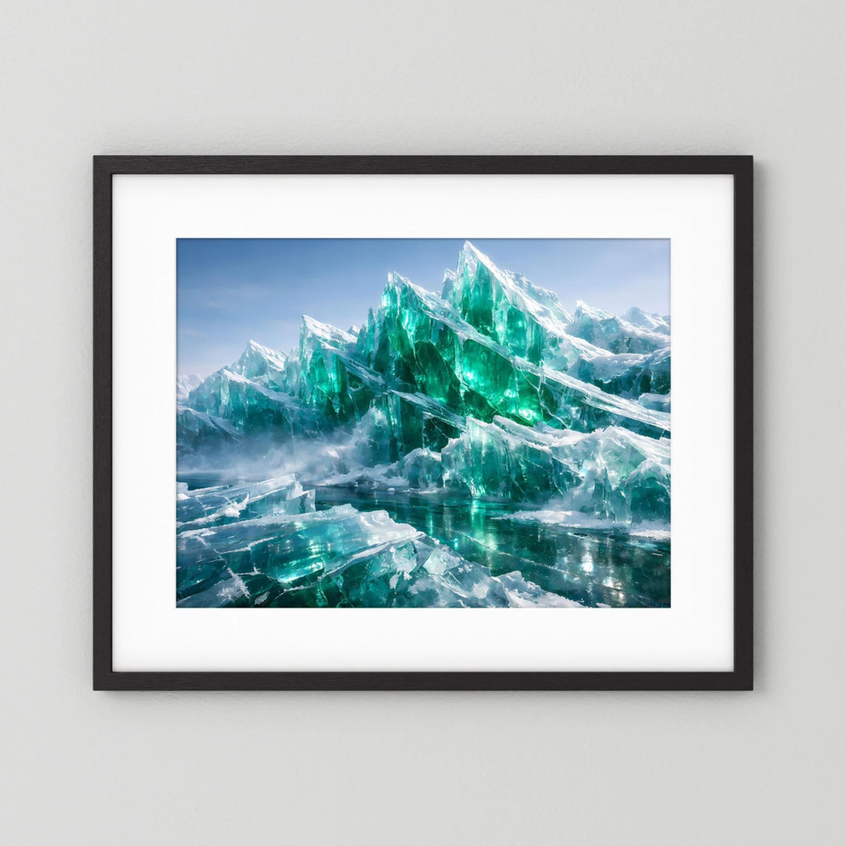 Wandbild mit smaragdgrünen Eisbergen im schwarzen Rahmen mit weißer Einfassung, Querformat