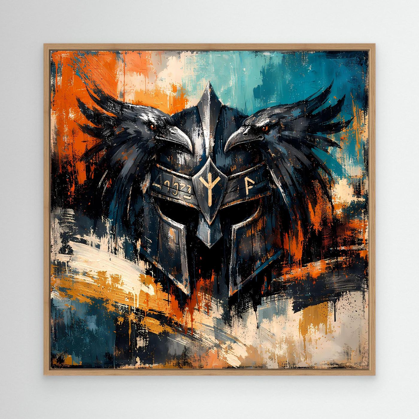 Wikinger-Wandbild mit Odin-Helm und zwei Raben im Abstrakt-Look, Holzrahmen