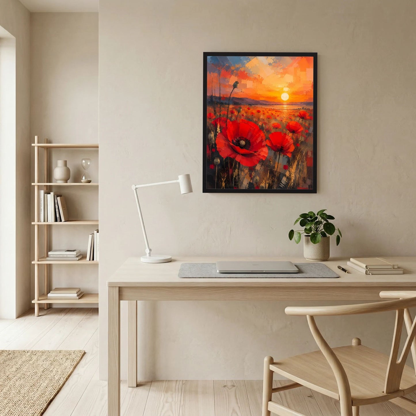 Gerahmtes Wandposter mit roten Mohnblumen und orangegelber Sonne im abstrakten Sonnenuntergang