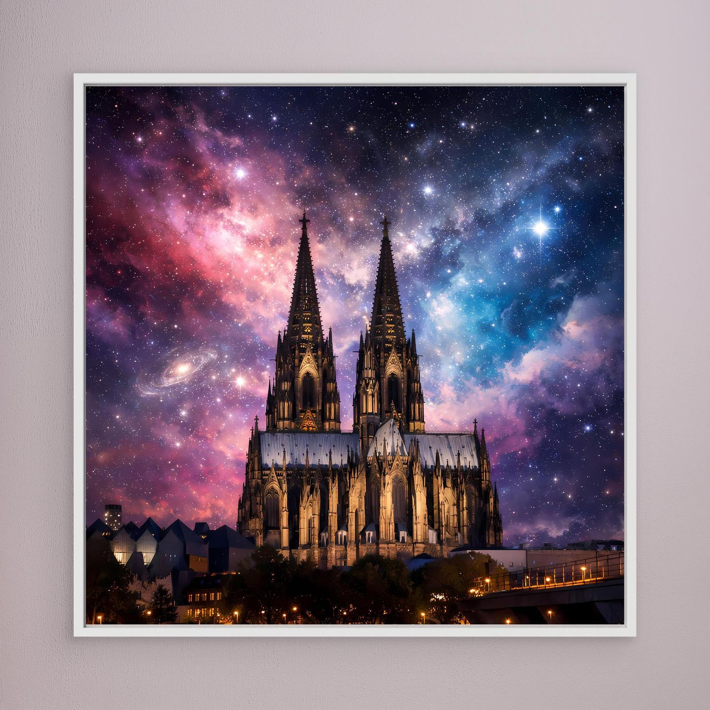 Leinwand Kosmischer Kölner Dom bei Nacht | Abstraktes Galaxie Wandbild