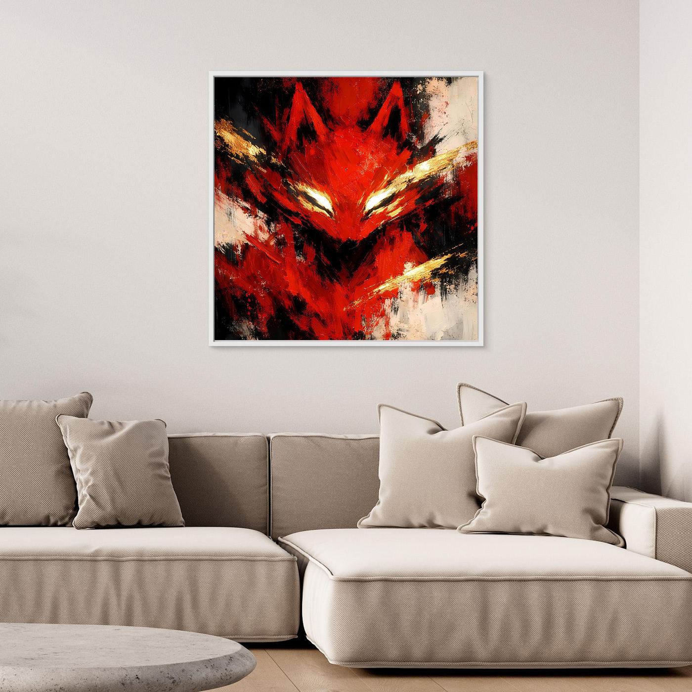 Leinwand Mystischer Kitsune Fuchs in Rot | Abstraktes Japanisches Mythologie Wandbild