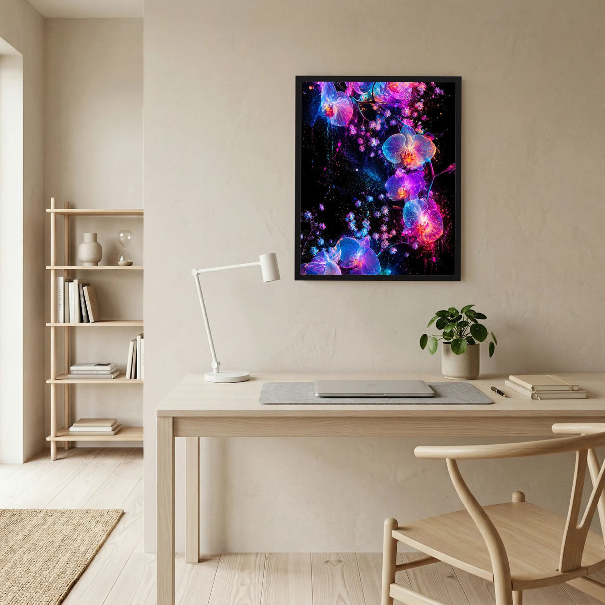 Hochformatiges Kunstposter im schwarzen Rahmen mit leuchtenden Orchideen in Pink und Blau