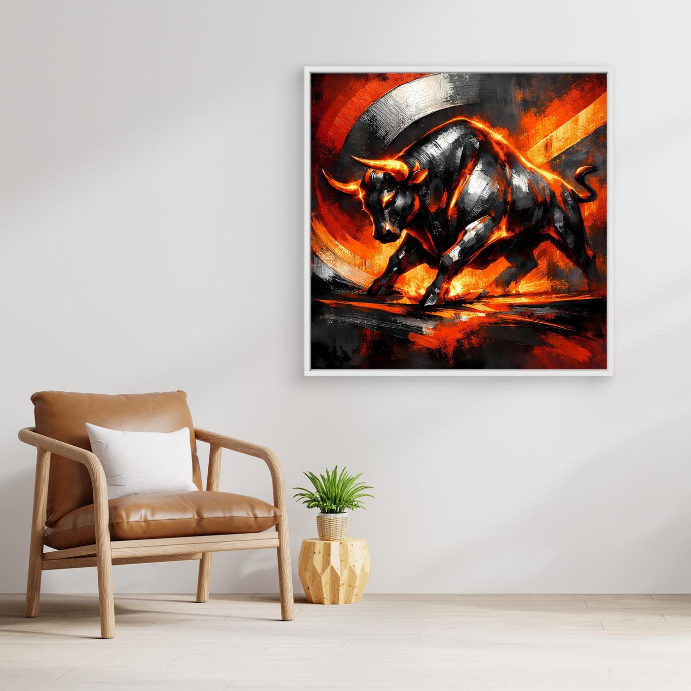 Abstraktes Leinwand-Wandbild: Stier in Flammen, schwarz-grau/Orange, mit weißem Rahmen