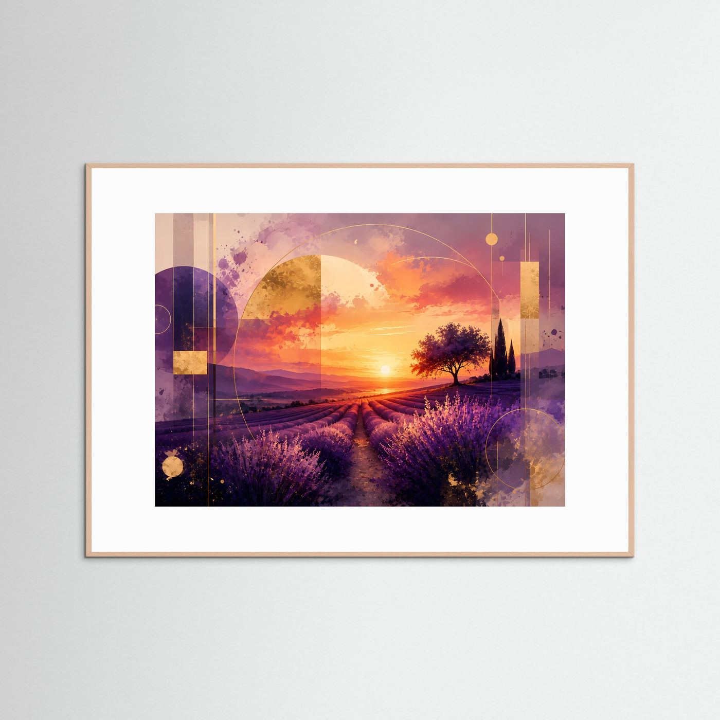 Gerahmter Kunstdruck im rosafarbenem Holzrahmen: Lavendelfeld bei Sonnenuntergang, lila & gold