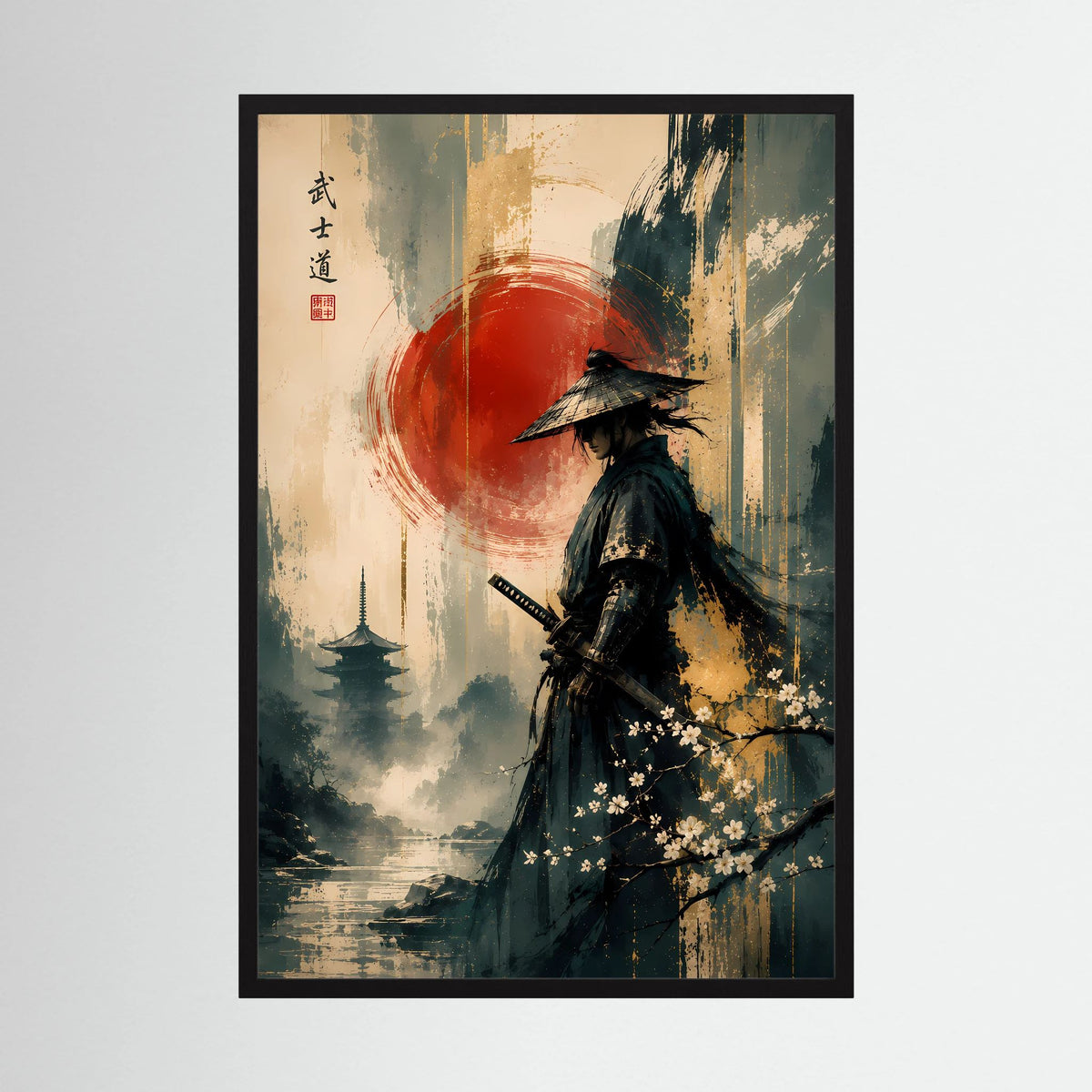 Hochformat-Poster mit Samurai-Krieger in dunklem Gewand vor roter Sonne, schwarz gerahmt