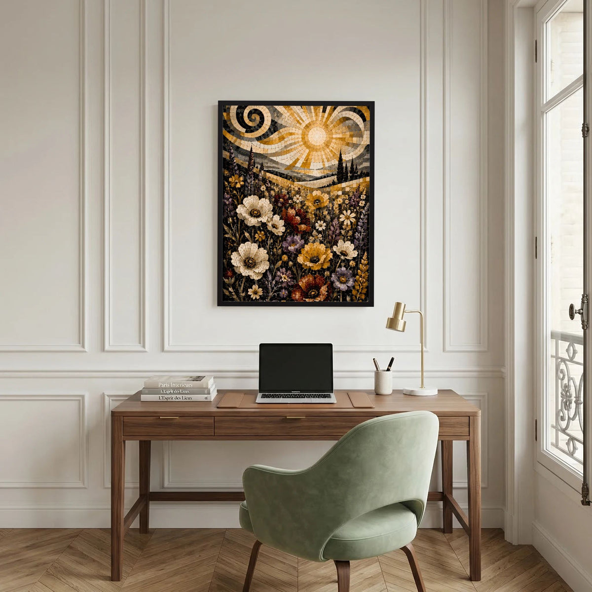 Quadratisches Poster mit Mosaikblumen, goldenen Strahlen und Spiralornamenten