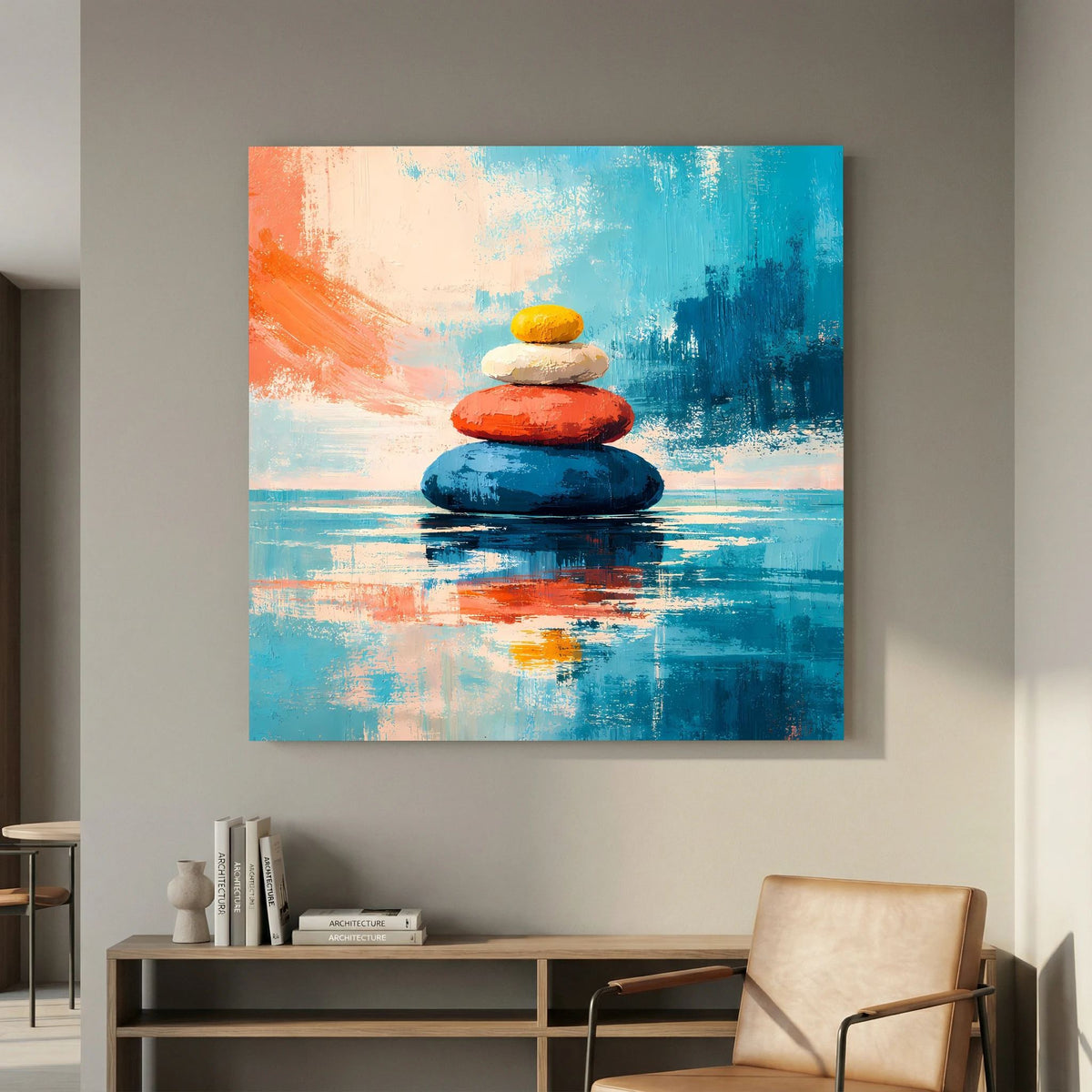 Quadratisches Leinwandbild mit Stapelsteinen, blaues Wasser und orange-weiße Farbwirbel