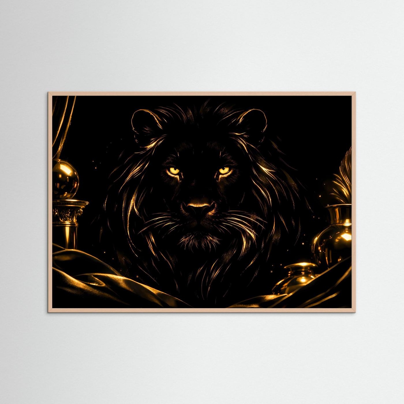 Majestätischer Schwarzer Löwe in Gold | Edles Tier Kunst & Luxus Wandbild Querformat