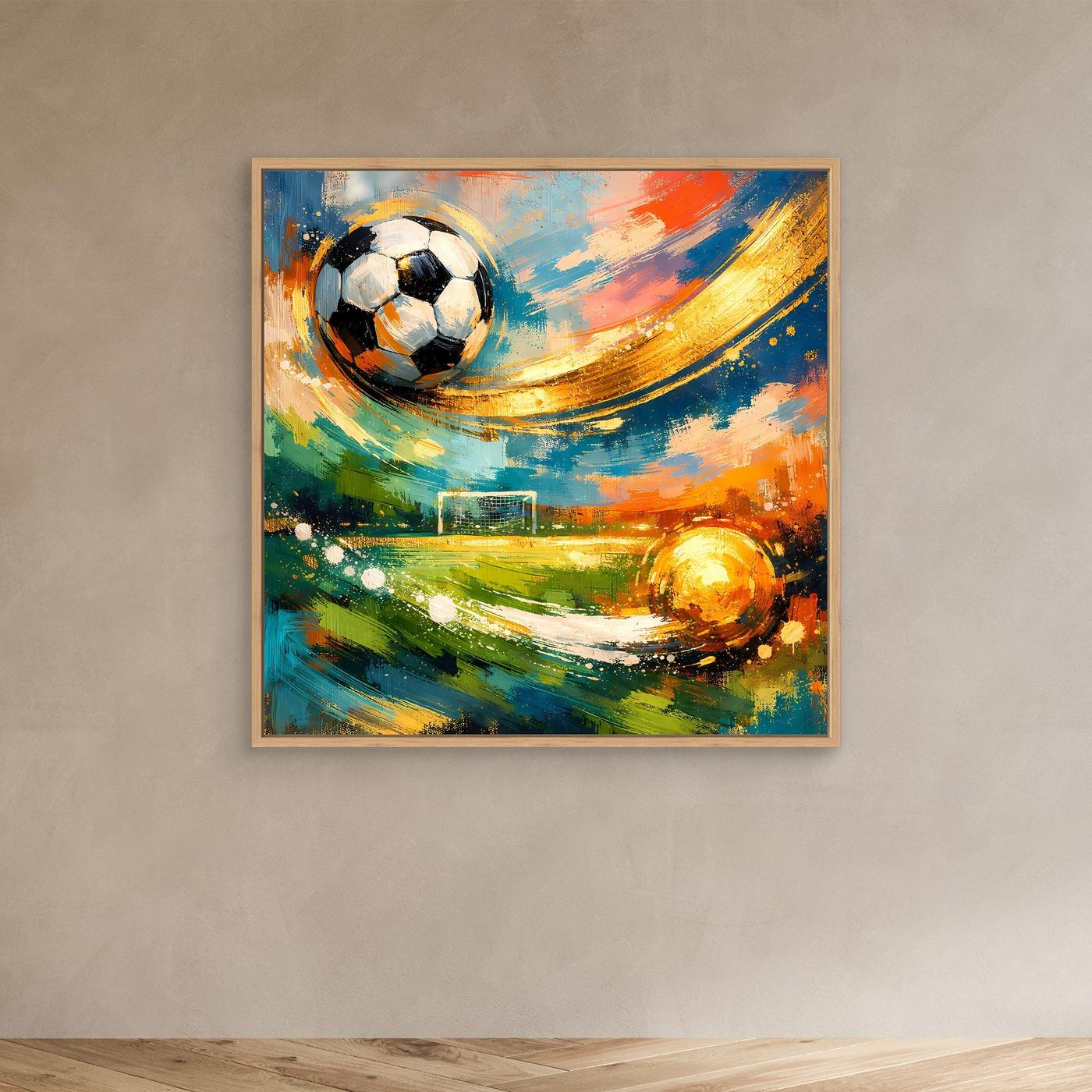 Abstraktes Leinwandbild mit Fußball, farbigem Lichtbogen und Spritzern, Holzrahmen