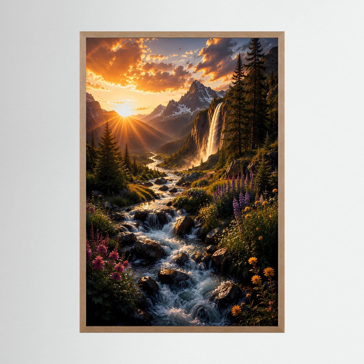 Bergwasserfall im Sonnenuntergang | Alpenlandschaft mit Wildblumen & Gebirgsbach | Poster Hochformat