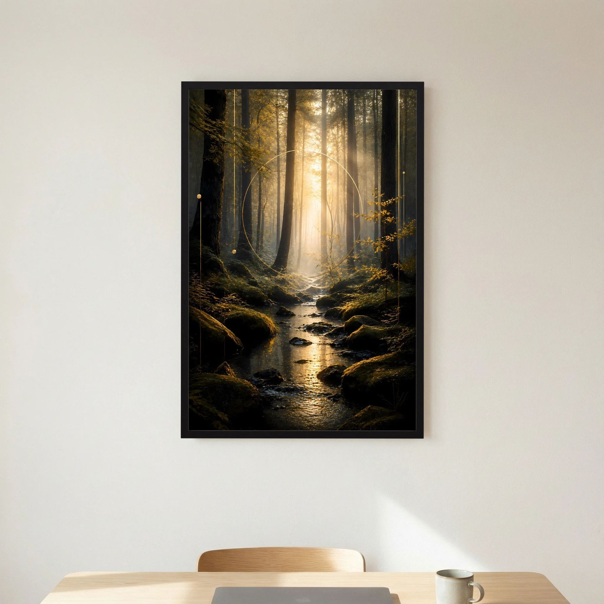 Wandposter im Hochformat mit Waldpfad, goldenem Licht und Bach, schwarze Einfassung