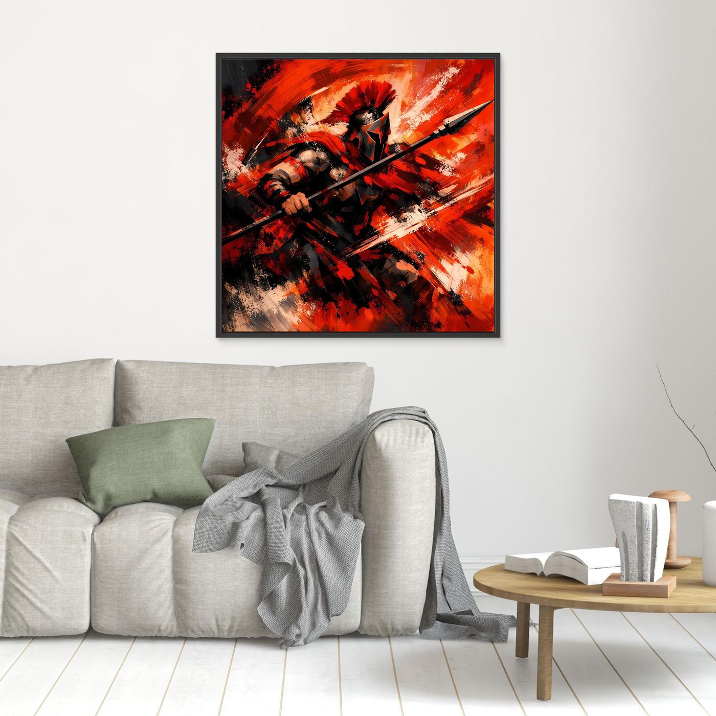 Leinwandbild mit Spartaner-Krieger in Rot/Orange und Speer, schwarzer Rahmen