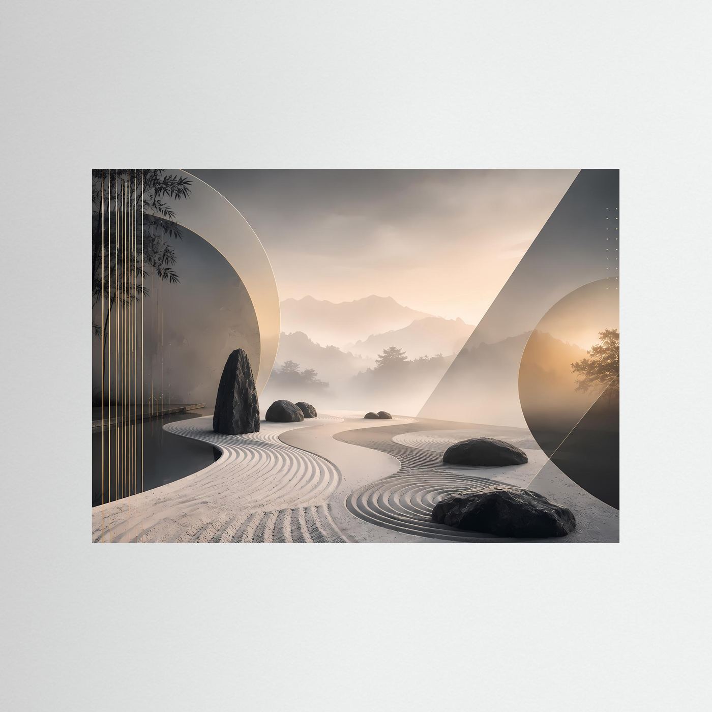 Querformatposter mit Zen-Garten: Kiesmuster, Felssteine und Berglandschaft im Minimalstil