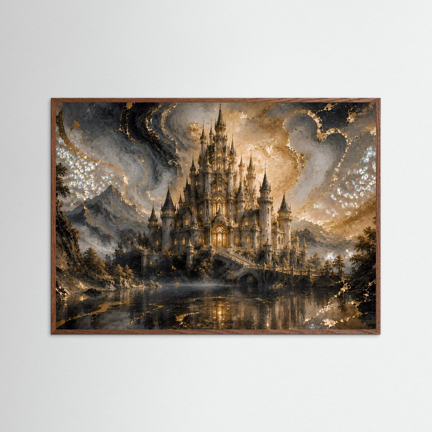 Mystisches Märchenschloss in Gold & Perlmutt | Fantasie Schloss Wandbild