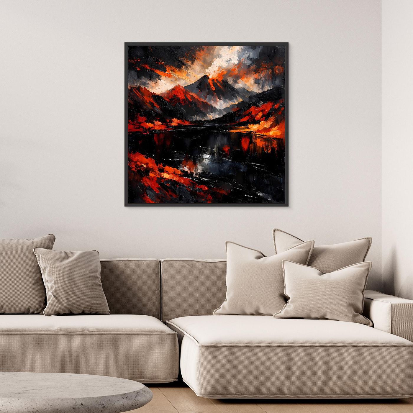 Wandbild Leinwand mit schwarzem Rahmen: abstrakte Vulkanlandschaft in Rot, Schwarz und Grau