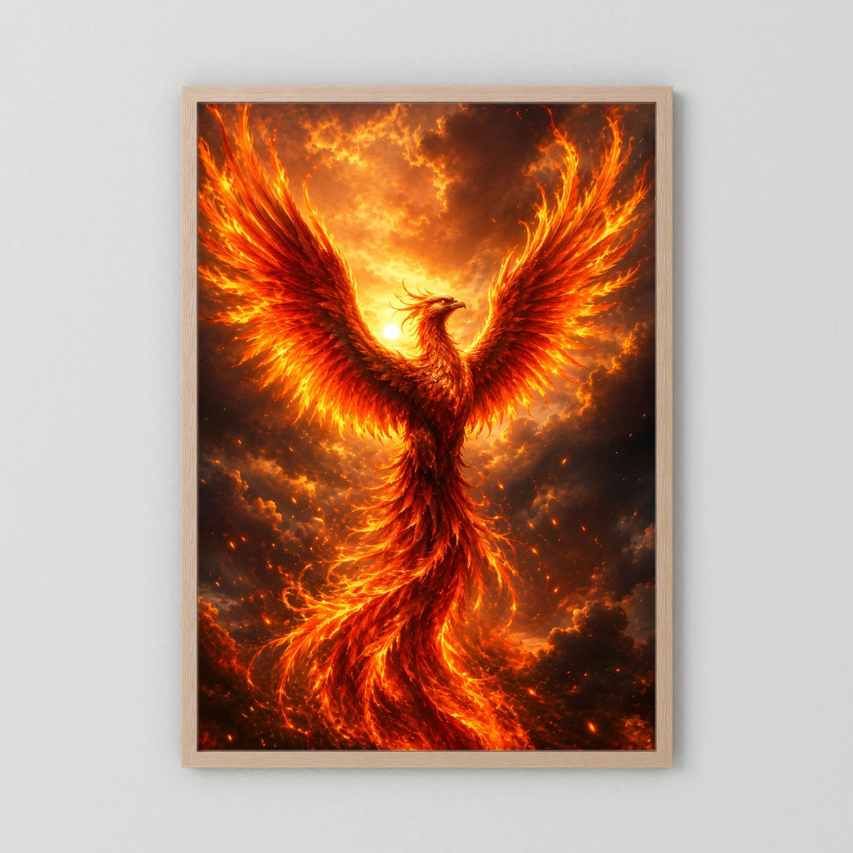 Hochkant-Poster mit feurigem Phönix, heller Holzrahmen