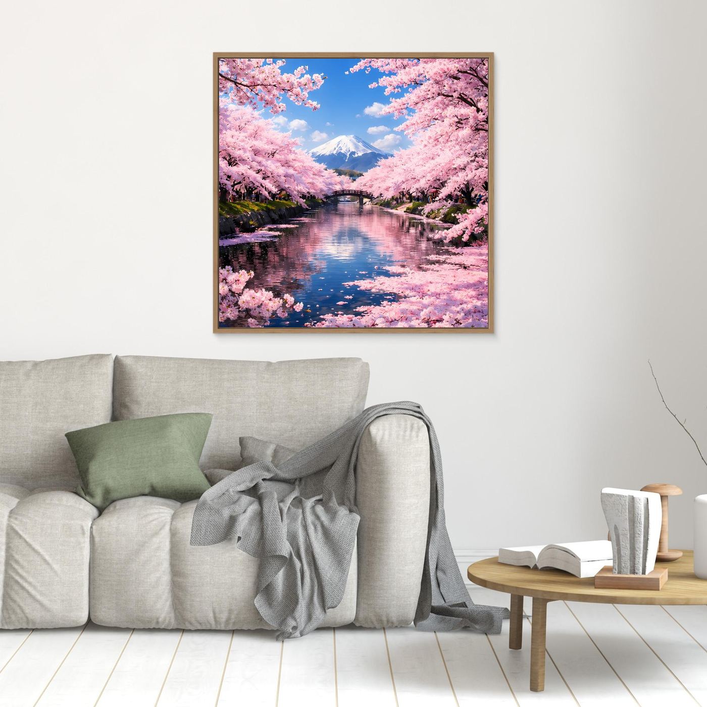 Leinwandbild mit rosa Kirschblüten, Berg Fuji und Flussbrücke, goldfarben gerahmt