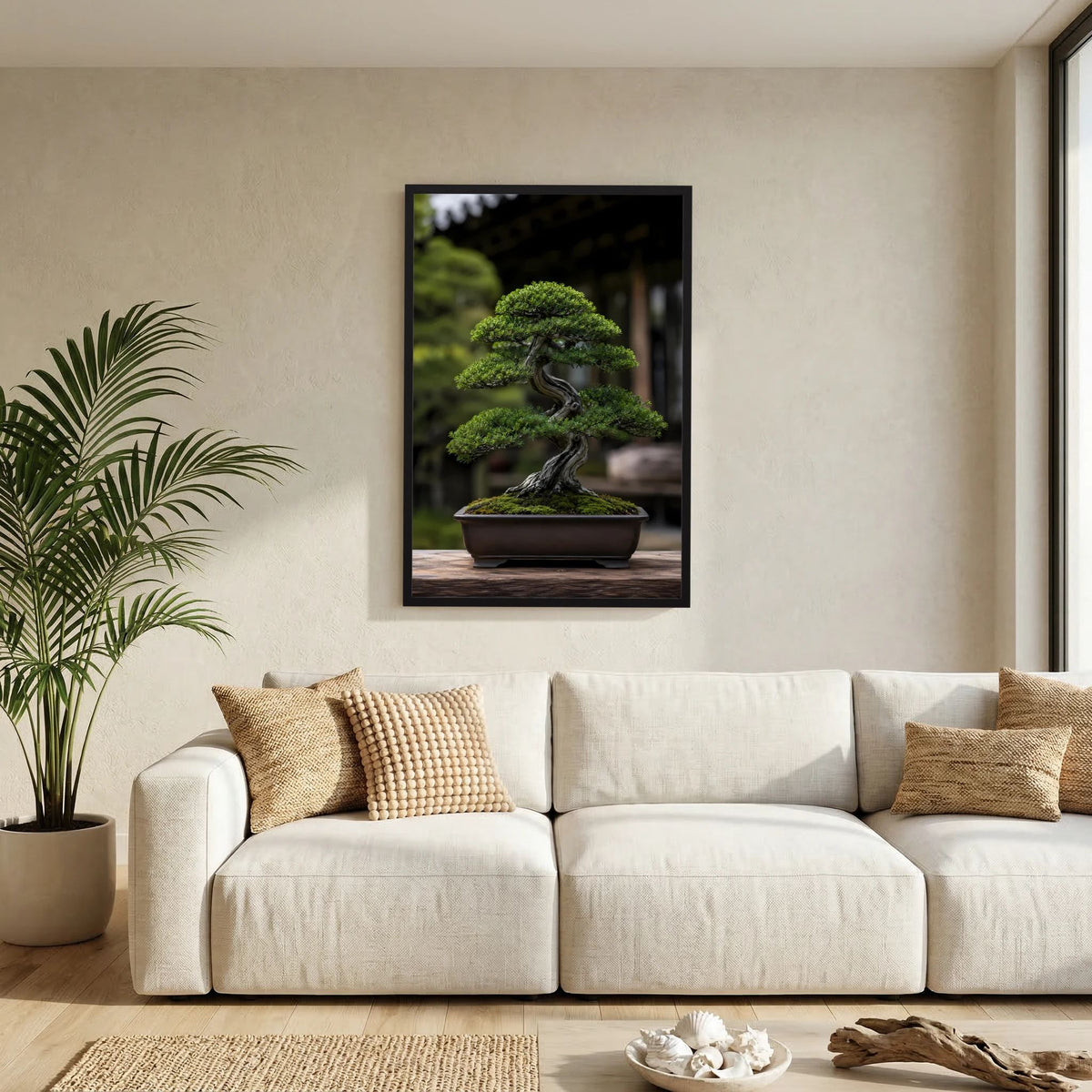 Hochformat-Poster mit Bonsai im Schalengefäß: grüne Blätter, dunkler Stamm im schwarzen Rahmen.