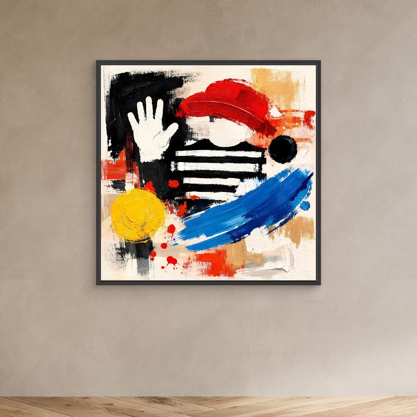 Small abstract canvas wall art in black frame with hand, red paint stroke, blue arc, yellow circle