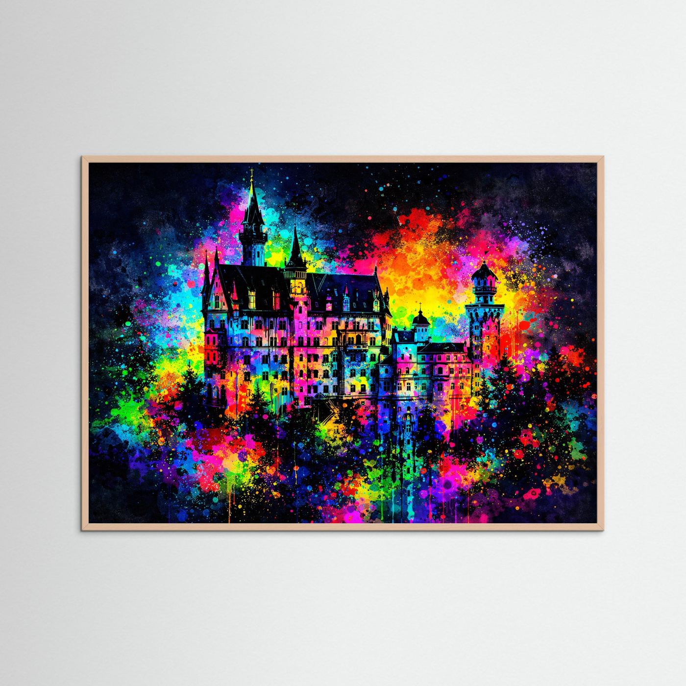 Märchenschloss Neuschwanstein in Farbexplosion | Buntes Schloss Wandbild & Kunst Poster Querformat