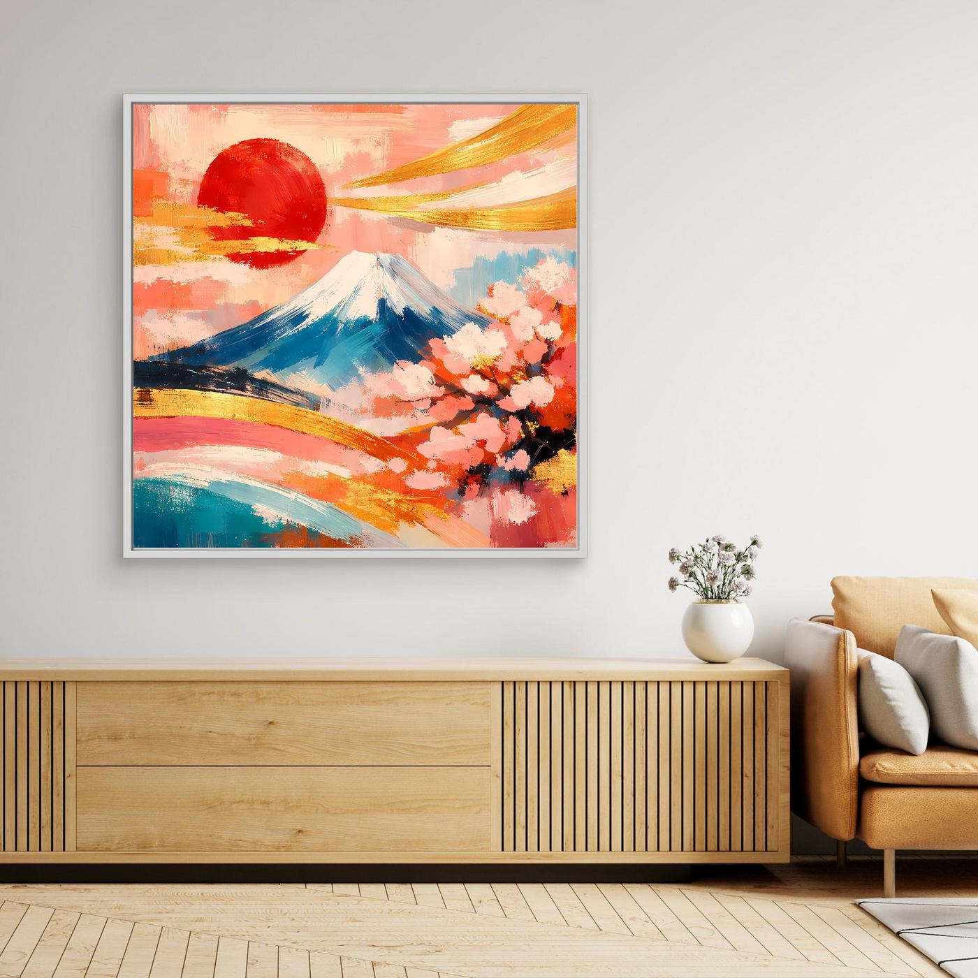 Wandbild mit Fuji, Kirschblüten und roter Sonne, mit weißem Rahmen