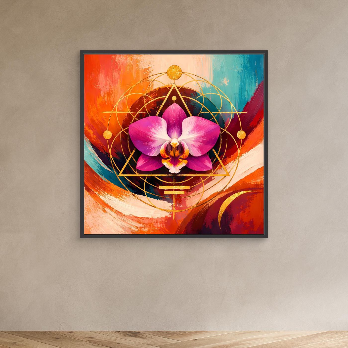Quadratisches Leinwandbild mit pinker Orchidee und goldener Geometrie, mit schwarzem Rahmen