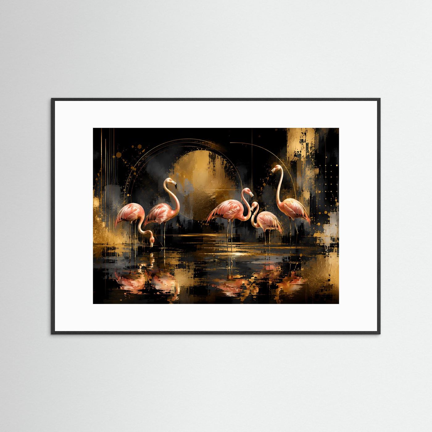 Abstraktes Flamingo-Poster mit schwarzem Rahmen und weißem Passepartout, rosa Flamingos im Querformat.