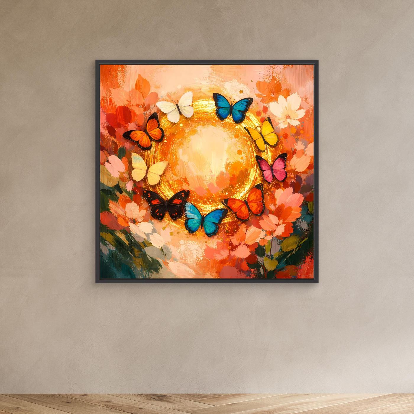 Kleines Leinwandbild im schwarzen Rahmen: goldener Schmetterlingskreis mit Blüten