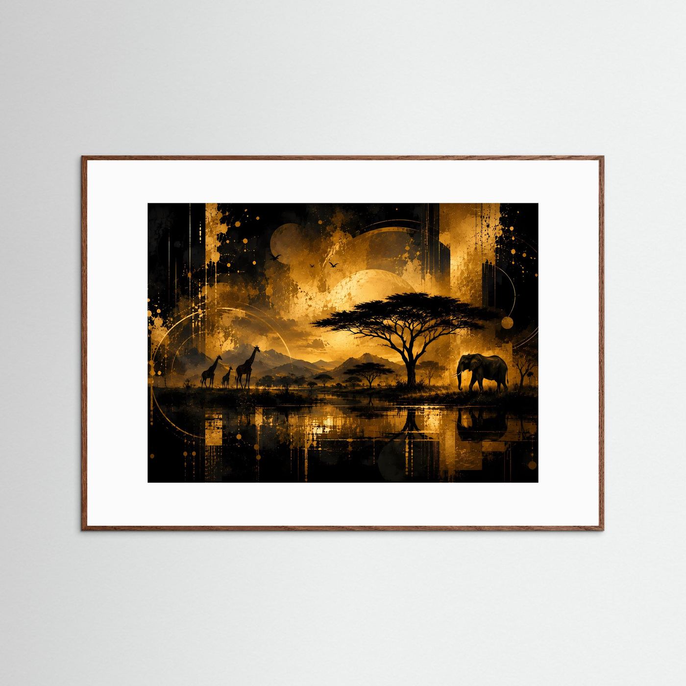 Poster im Querformat mit braunem Holzrahmen: Savannenlandschaft mit Elefanten und Giraffen