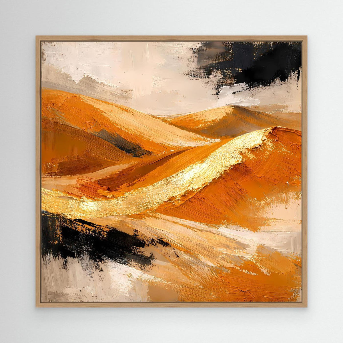 Eichefarben gerahmtes Leinwand-Wandbild mit abstrakten Dünen in Gold, Orange und Schwarz