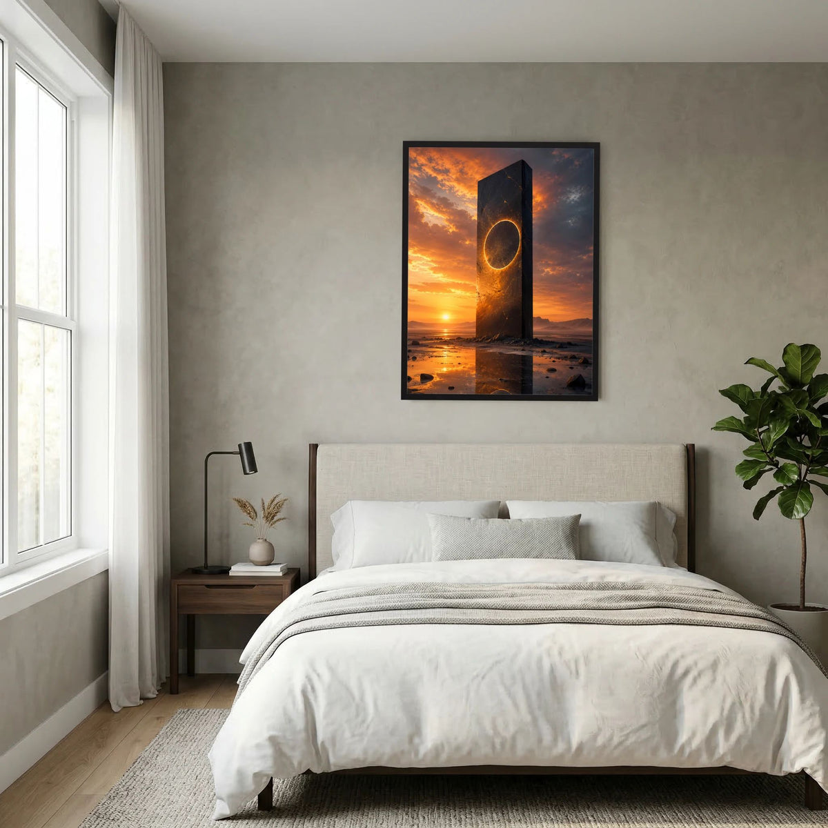 Hochformatiges Poster mit schwarzem Monolithen, goldener Kreisöffnung und orangefarbenem Sonnenuntergang