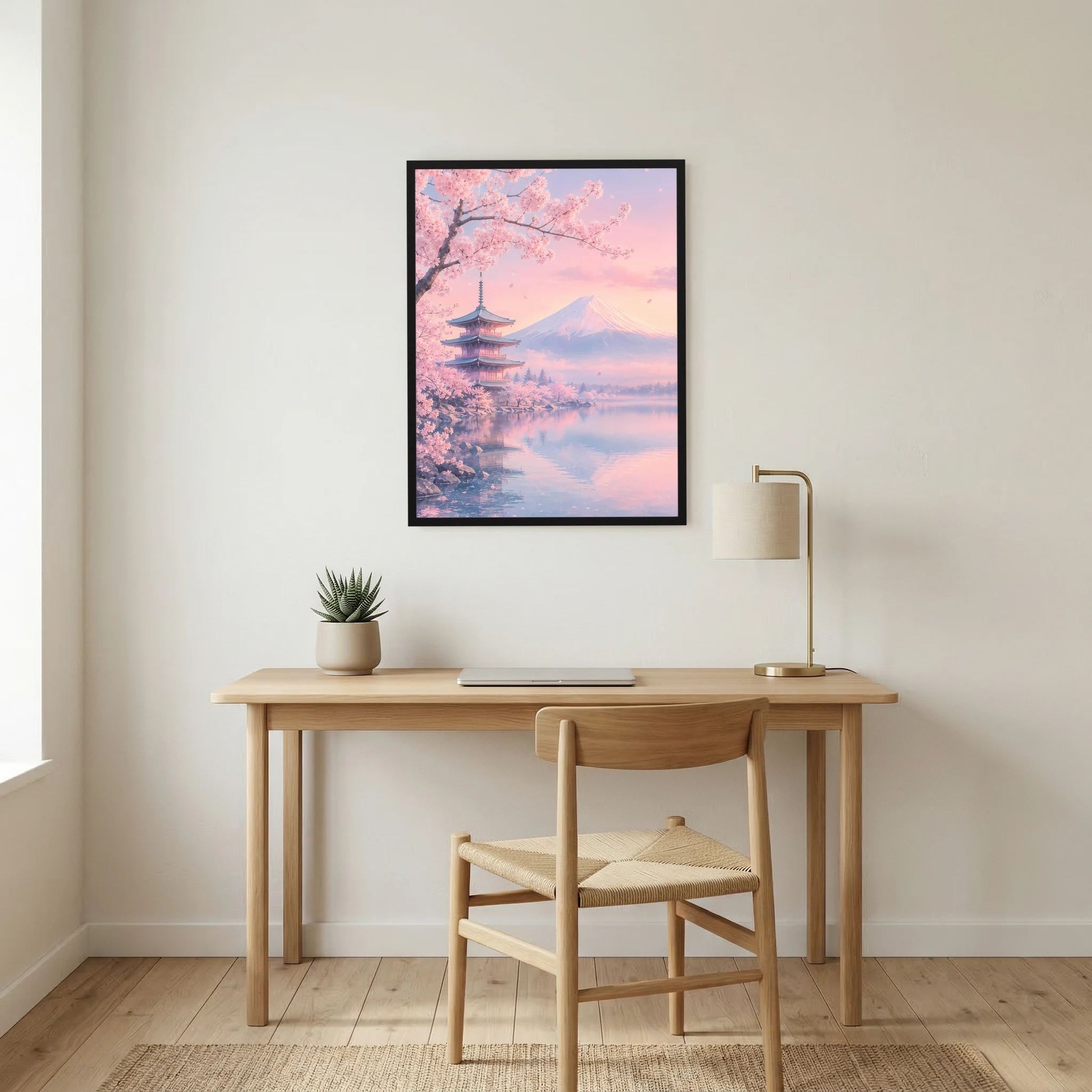 Hochformat-Poster mit Kirschblütenzweig, Fuji und Pagode in Pastellrosa, schwarz gerahmt