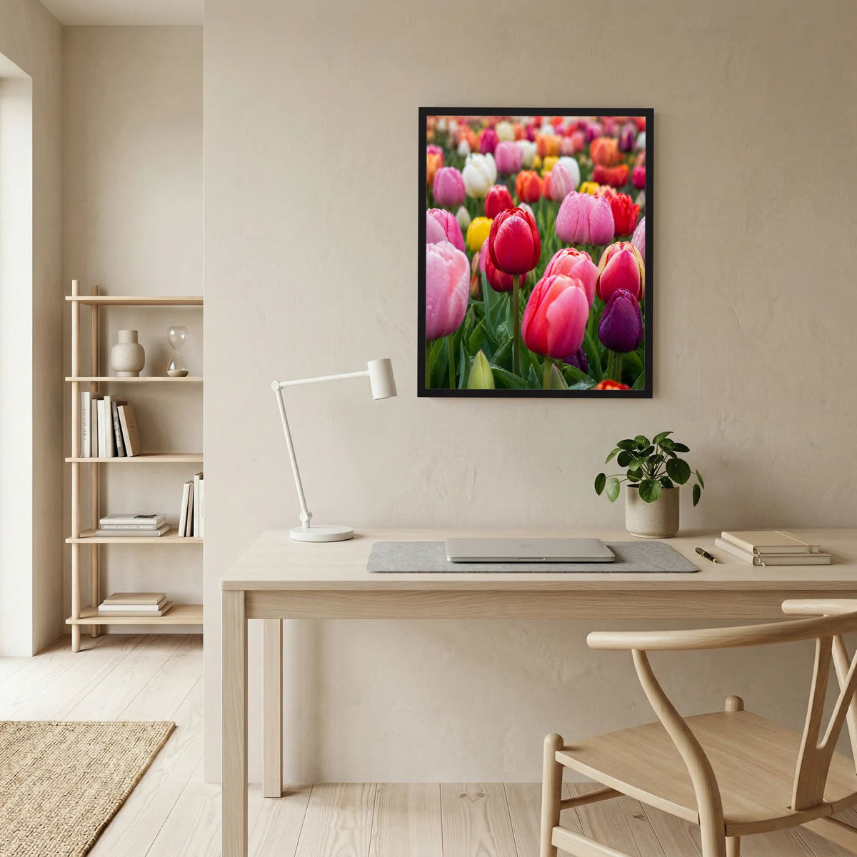Gerahmtes Hochformat-Tulpenfeld-Poster mit bunten rosa-roten Tulpenblüten (schwarz)
