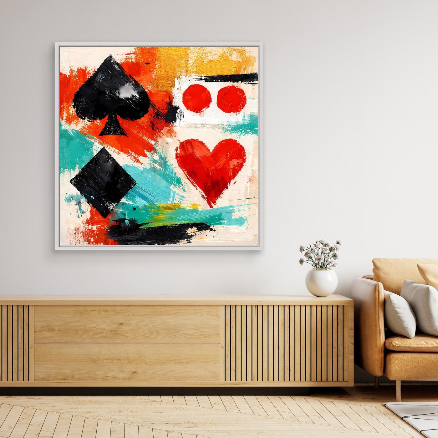 White-framed abstract poker canvas with spade, heart, diamond shapes in red, black, teal