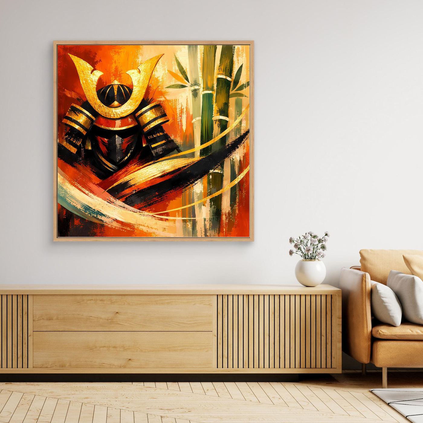 Gold gerahmtes Leinwand-Wandbild: abstrakter Samurai und Bambus, warme Orange-Greens